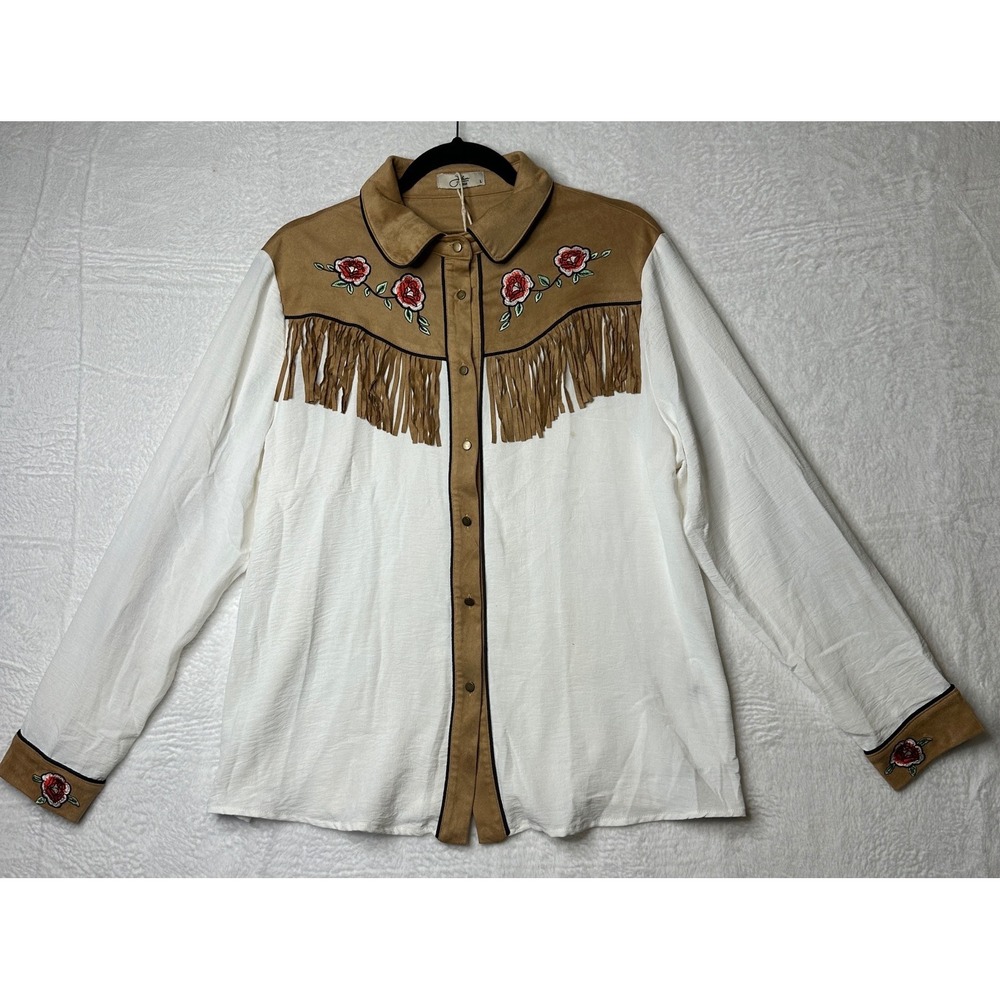 NWT John Moon Texas Western Fringe Embroidered Rose Shirt White Tan Faux Suede L